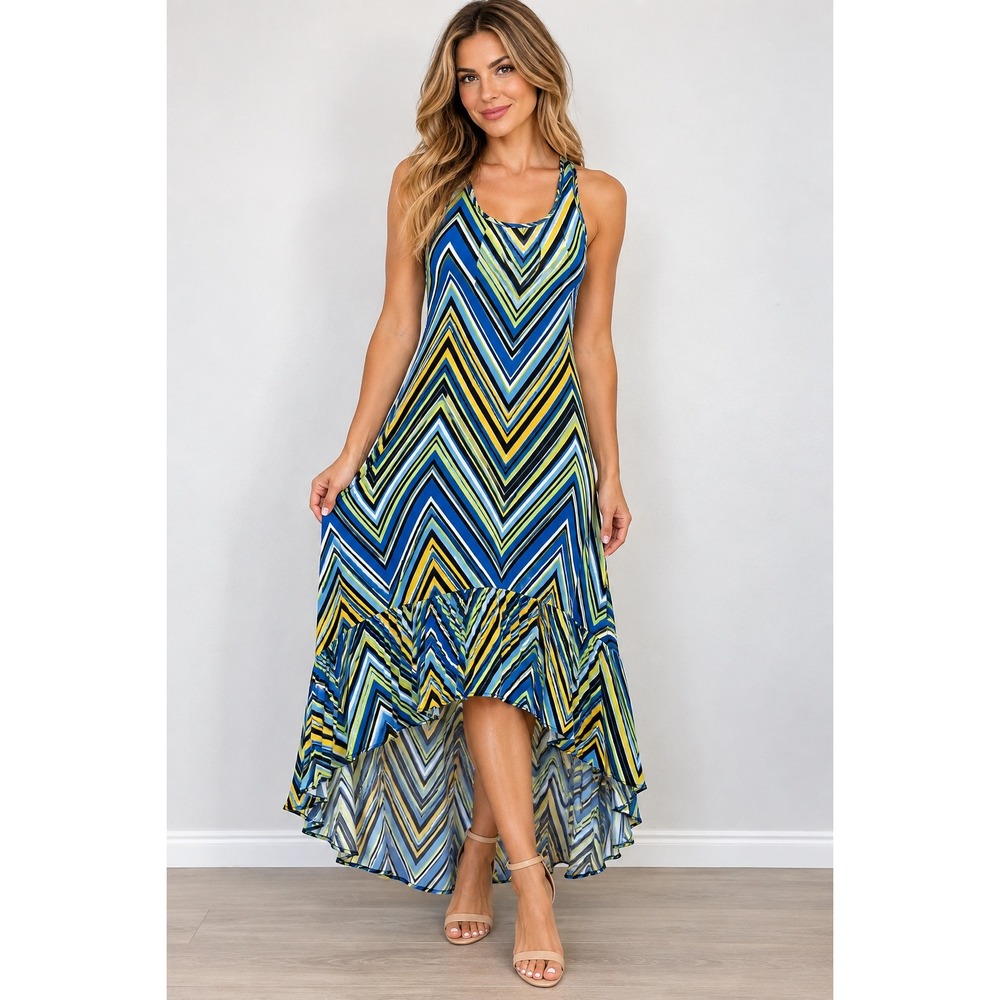 Arizona Jean Company Chevron Maxi Dress Women M High Low Ruffle Racerback Y2K